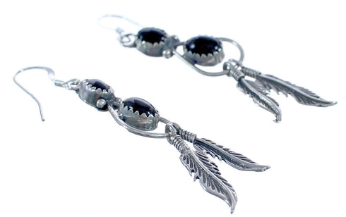 Feather Black Onyx and Sterling Silver Navajo Hook Dangle Earrings CB118278